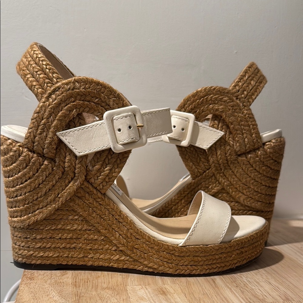 Jimmy Choo White Leather and Natural Rope Wedge Sandals